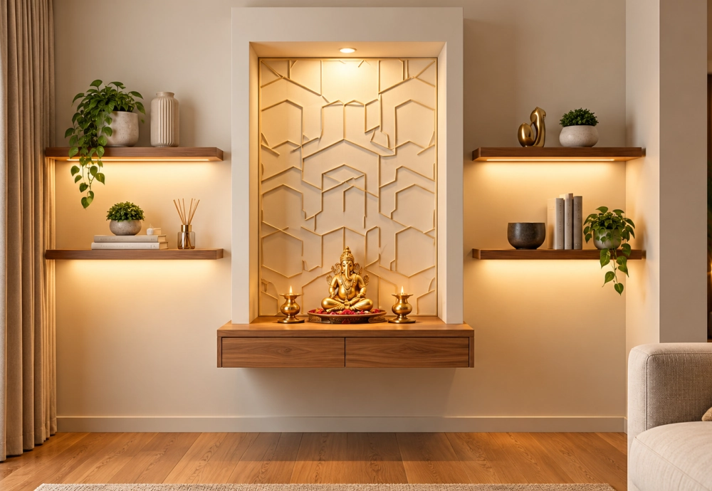 Wall niche converted into a pooja mandir with subtle lighting and a shelf